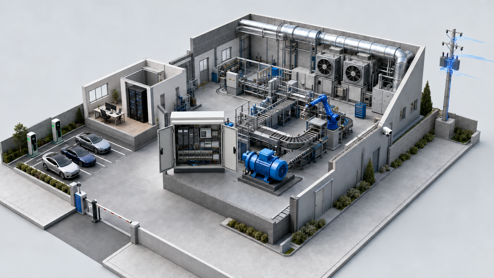 Vue en coupe d’une usine : robot industriel, armoires électriques, moteur, réseau, contrôle d’accès, caméra et bornes de recharge